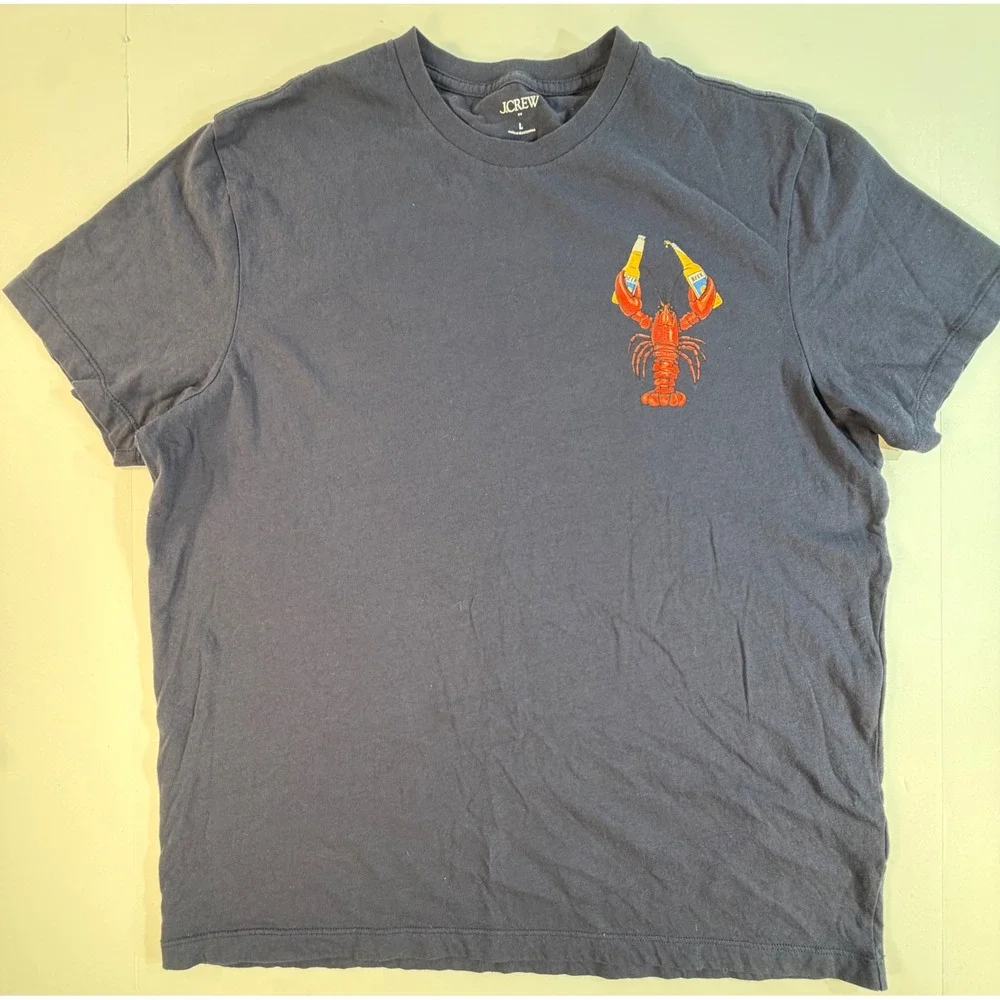 J. Crew Mens Navy Blue Lobster Beer Graphic T-Shirt Size Large Short Sleeve Tee